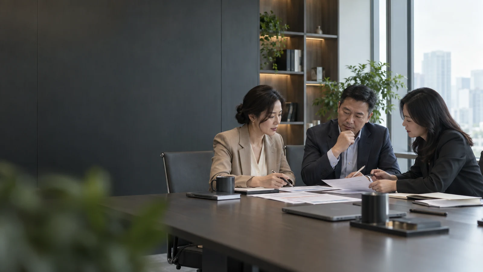 Người phụ trách doanh nghiệp và HR cùng thảo luận tài liệu quy trình quản lý, minh họa do AI tạo