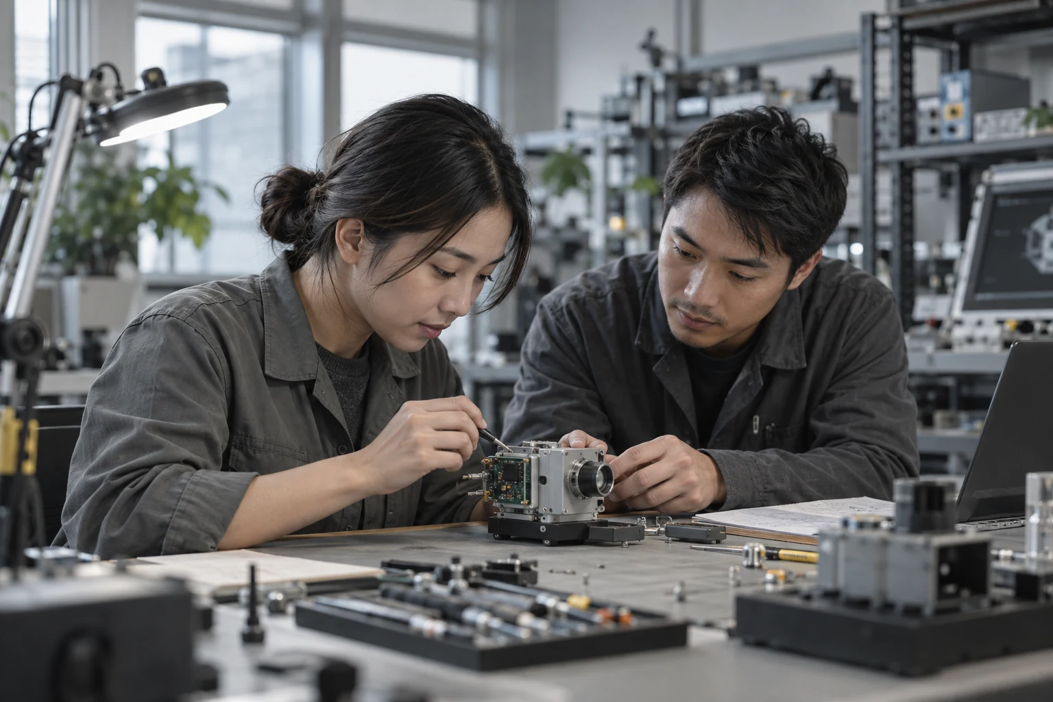 Hai nhân sự kỹ thuật phối hợp, minh họa do AI tạo