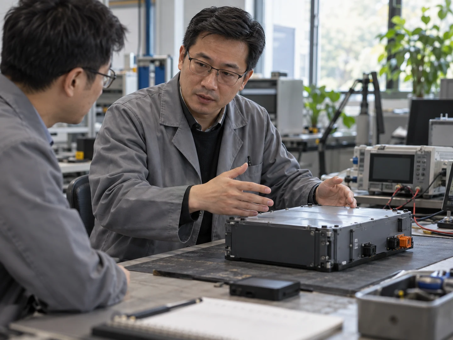 Người phụ trách R&D lưu trữ năng lượng thảo luận về hệ thống pin trong phòng thí nghiệm, minh họa do AI tạo