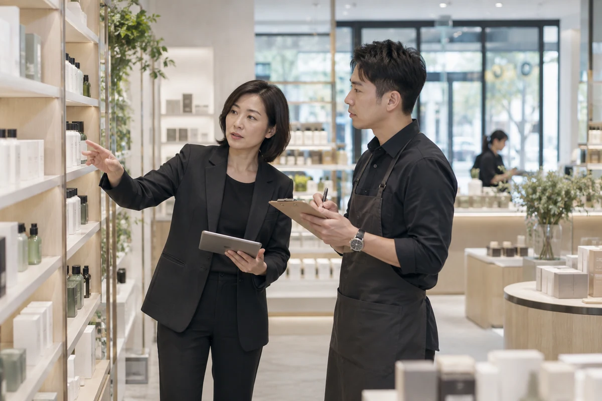Minh họa do AI tạo về đội ngũ bán lẻ trao đổi tại cửa hàng