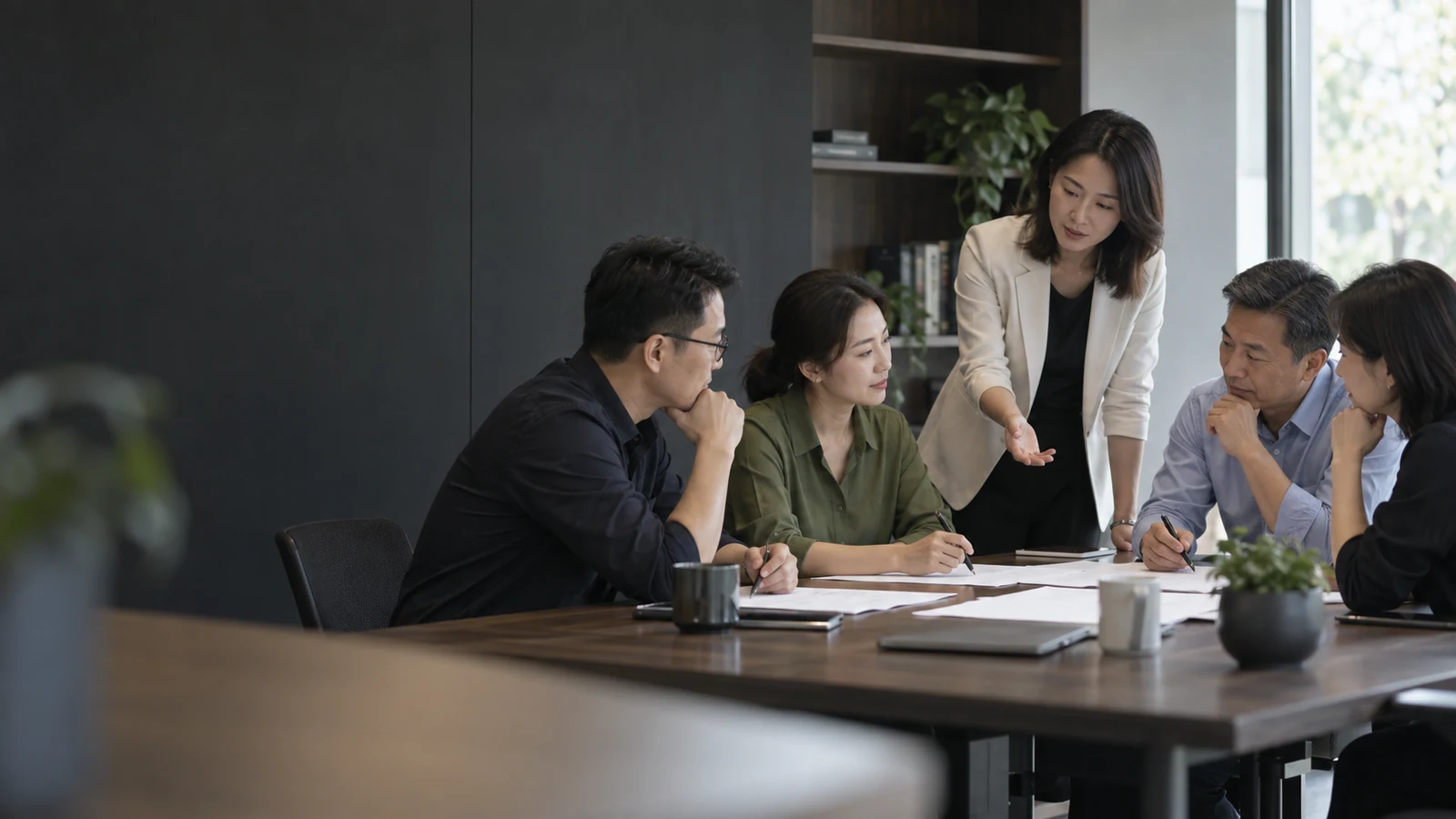 Giảng viên và học viên doanh nghiệp thực hành nhóm theo tình huống công việc, minh họa do AI tạo