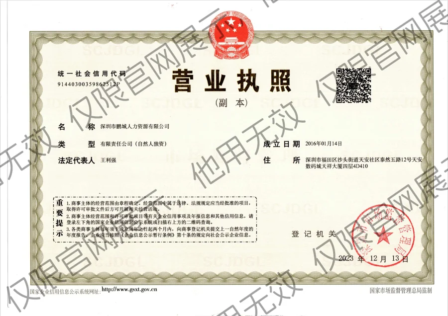 深圳市鹏城人力资源有限公司 Giấy phép kinh doanh