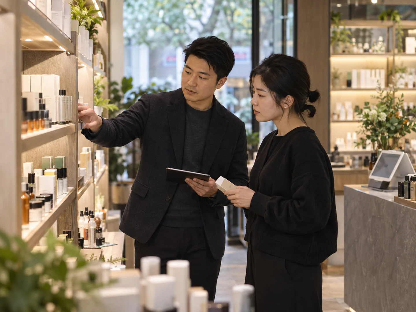 Quản lý bán lẻ trao đổi về trưng bày sản phẩm tại cửa hàng, minh họa do AI tạo