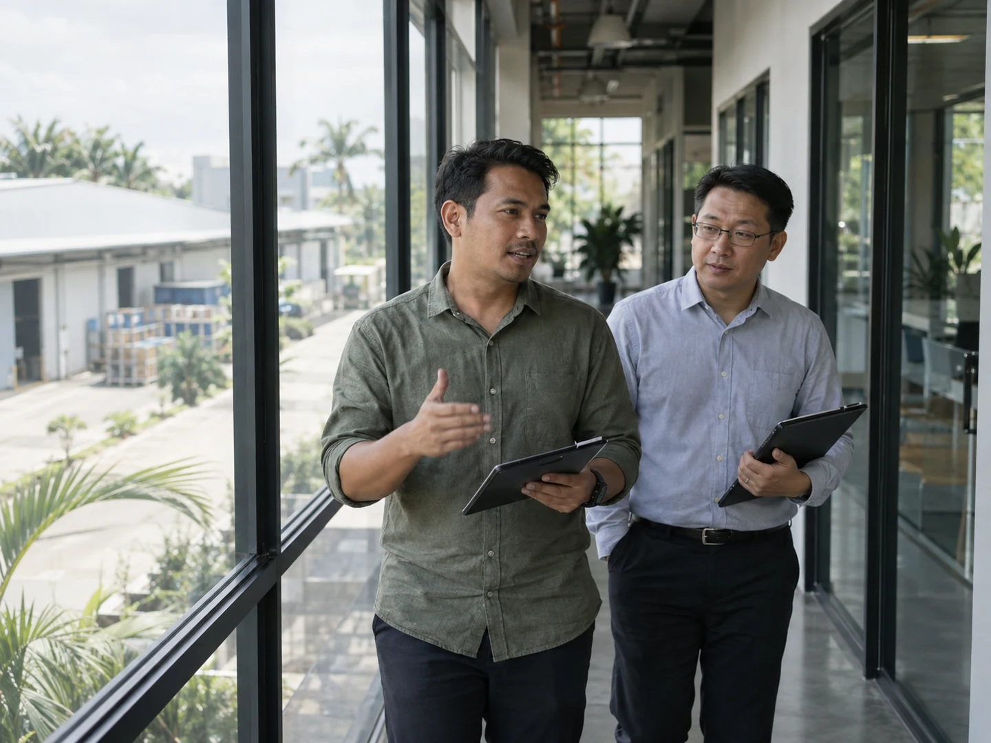 Hai người phụ trách hoạt động trao đổi tại bối cảnh sản xuất ở Đông Nam Á, minh họa do AI tạo