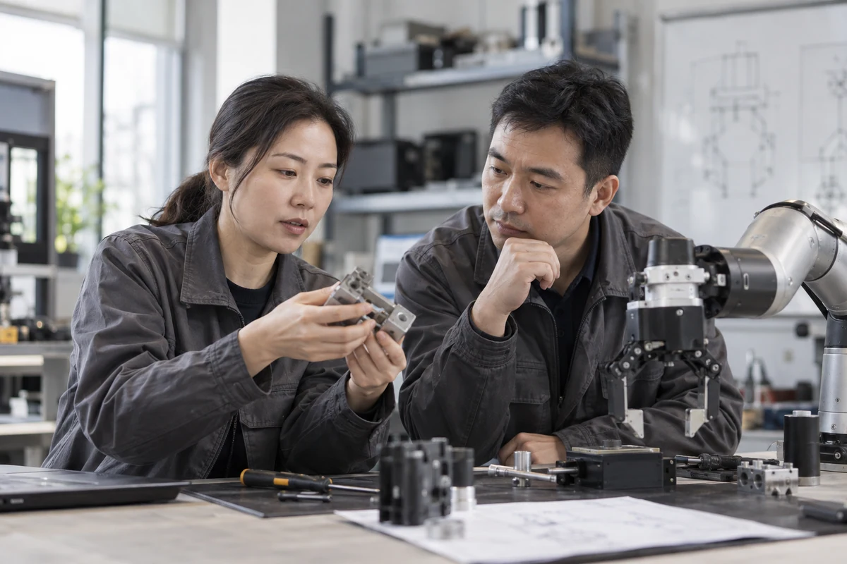 Kỹ sư R&D robot hiệu chỉnh thiết bị trong phòng thí nghiệm, minh họa do AI tạo