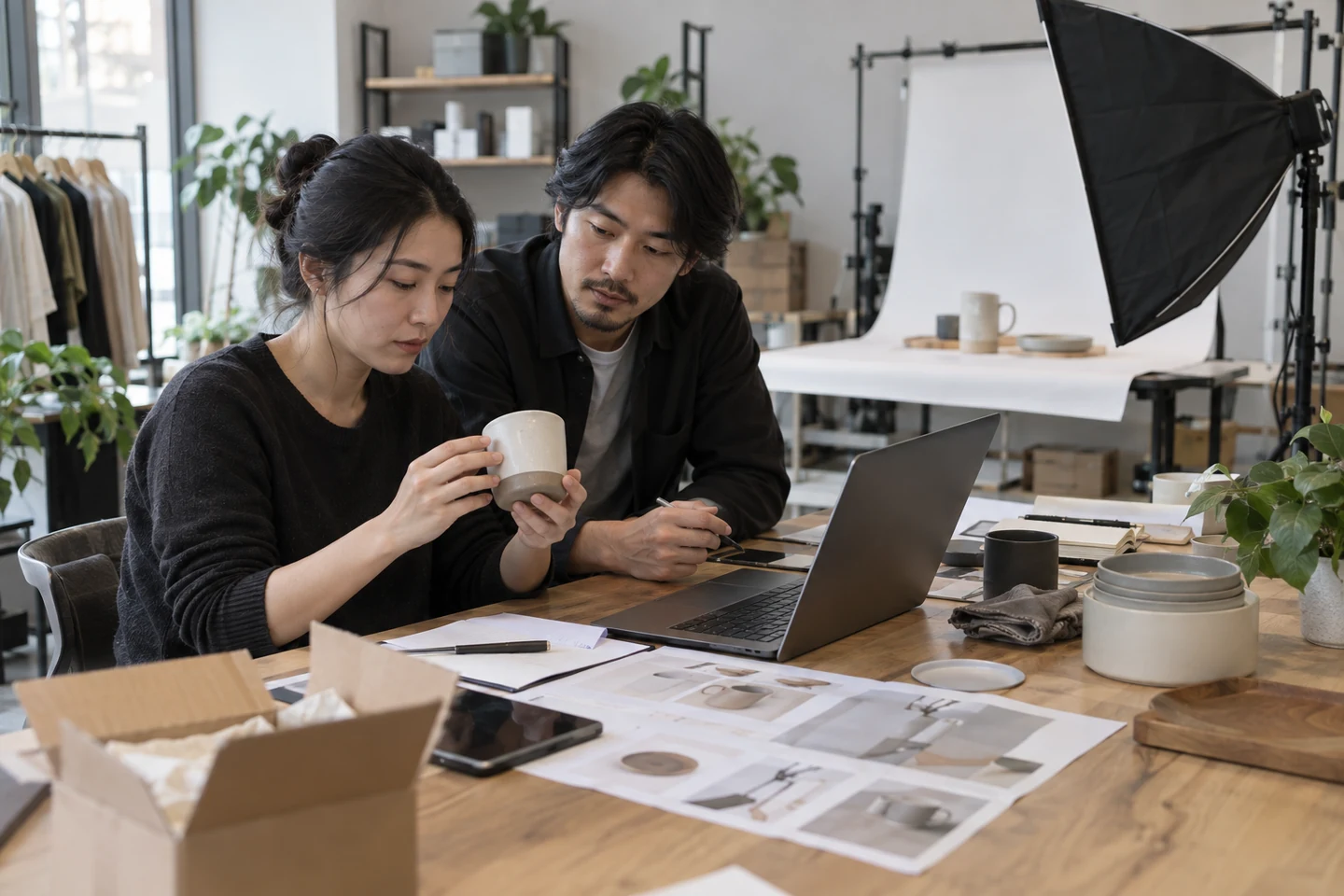 Đội ngũ thương mại điện tử chuẩn bị nội dung sản phẩm tại khu chụp ảnh, minh họa do AI tạo