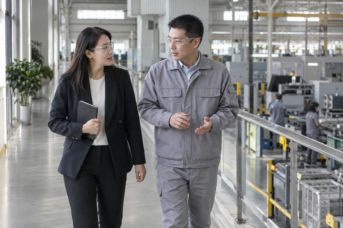 Chuyên viên tư vấn và người phụ trách hoạt động tìm hiểu nhu cầu đội ngũ tại nhà máy, minh họa do AI tạo